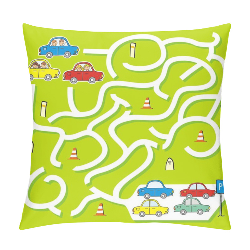 Personality  Happy Kids At Cars, Game For Children, Labyrinth, Vector Illustration Pillow Covers