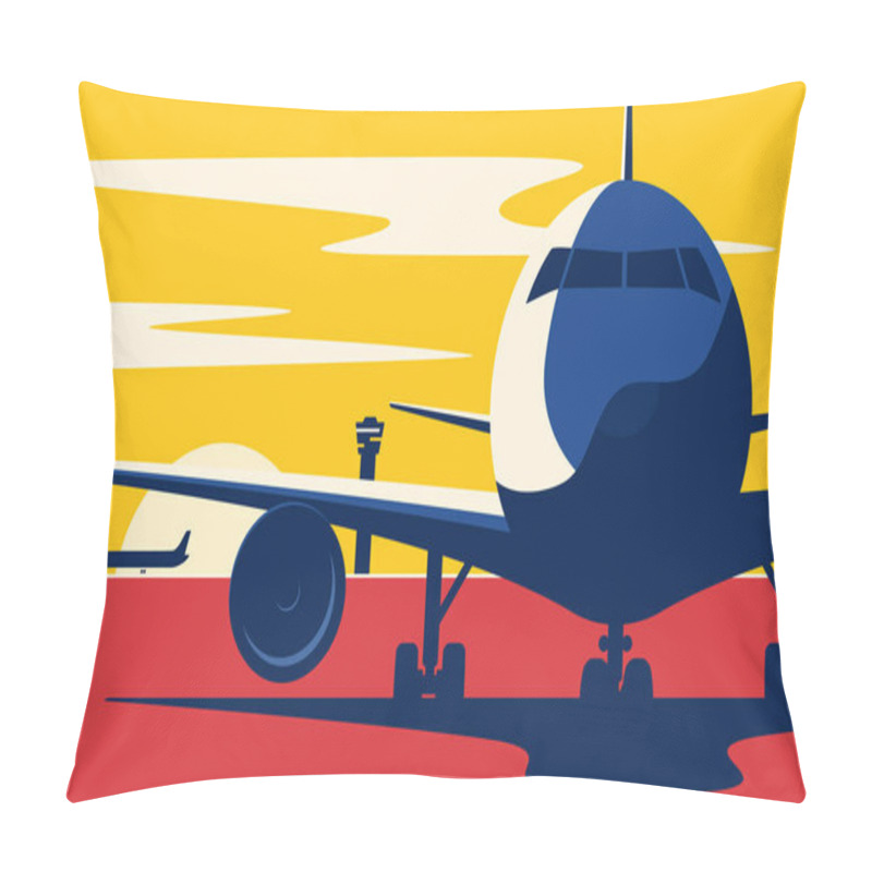 Personality  On A Taxiway. Flat Style Vector Illustration Of The Airliner At  Pillow Covers