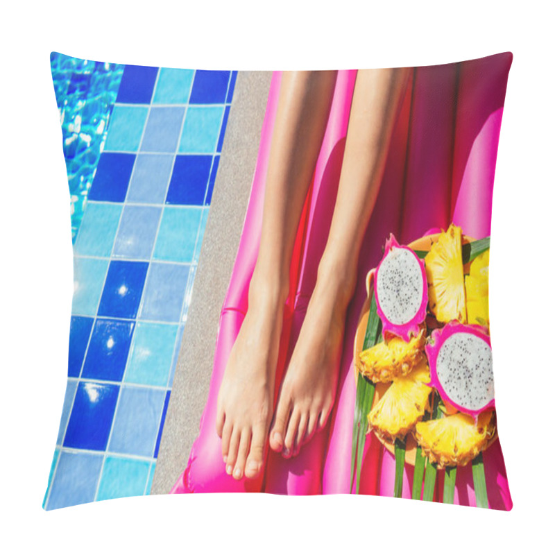 Personality  Tropical Fruits Mango, Dragon Fruit, Papaya And Pineapple On A Plate Near An Inflatable Pink Mattress And Swimming Pool And Legs Of Young Woman Close Up.summer Beach Vacation Concept Pillow Covers