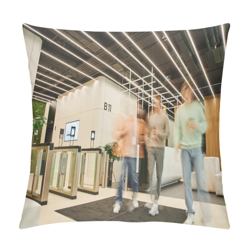 Personality  Long Exposure Of Contemporary Businessmen Discussing Startup Strategy While Walking With Coffee To Go In Paper Cups Along Lobby Of Modern Coworking Space With High Tech Interior Pillow Covers