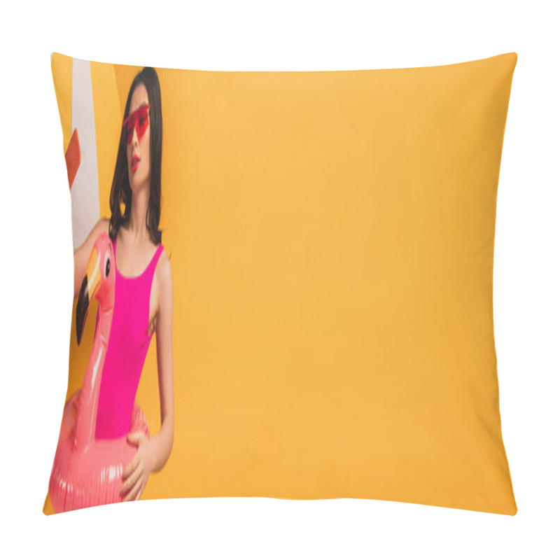 Personality  Horizontal Image Of Attractive Girl In Sunglasses And Swimsuit Standing With Inflatable Ring And Taking Selfie On Yellow  Pillow Covers