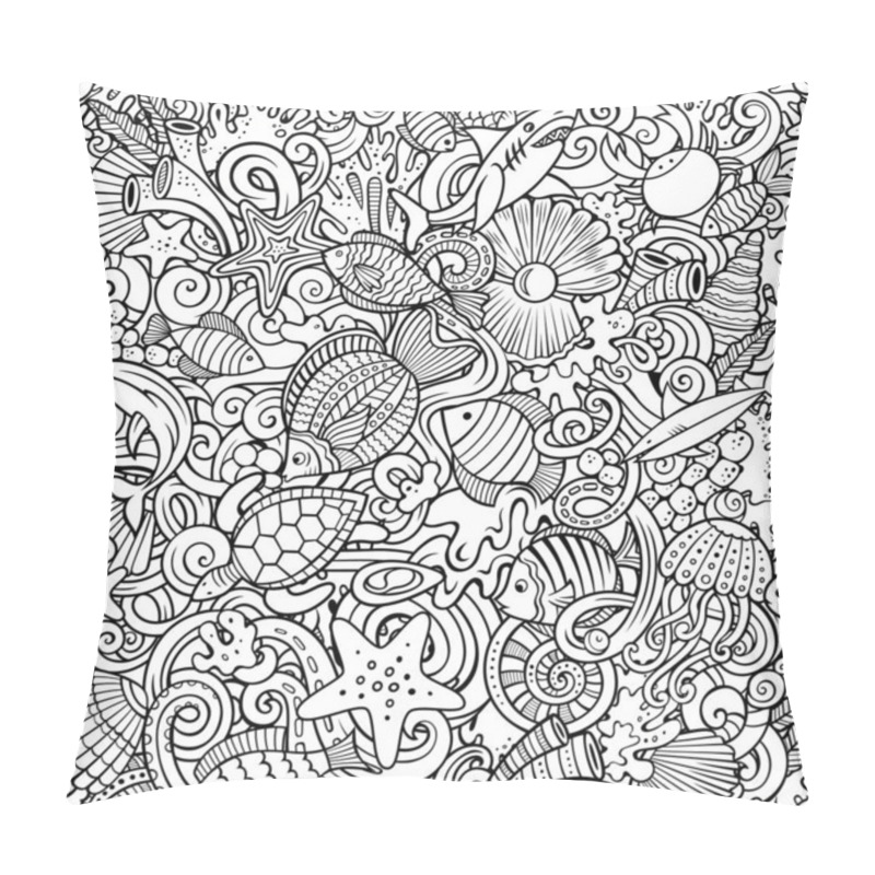 Personality  Cartoon Doodles Sea Life Seamless Pattern. Backdrop With Underwater Symbols And Items. Sketchy Detailed Background For Print, Coloring Books, Wrapping Paper. Pillow Covers