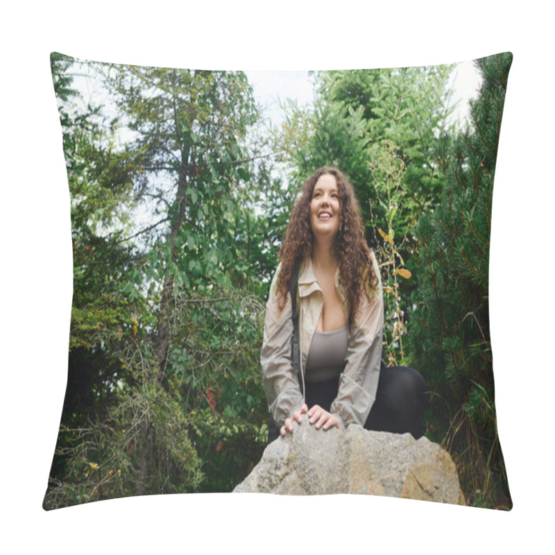 Personality  A Beautiful Woman Explores The Tranquility Of Nature, Radiating Joy In A Verdant Forest. Pillow Covers