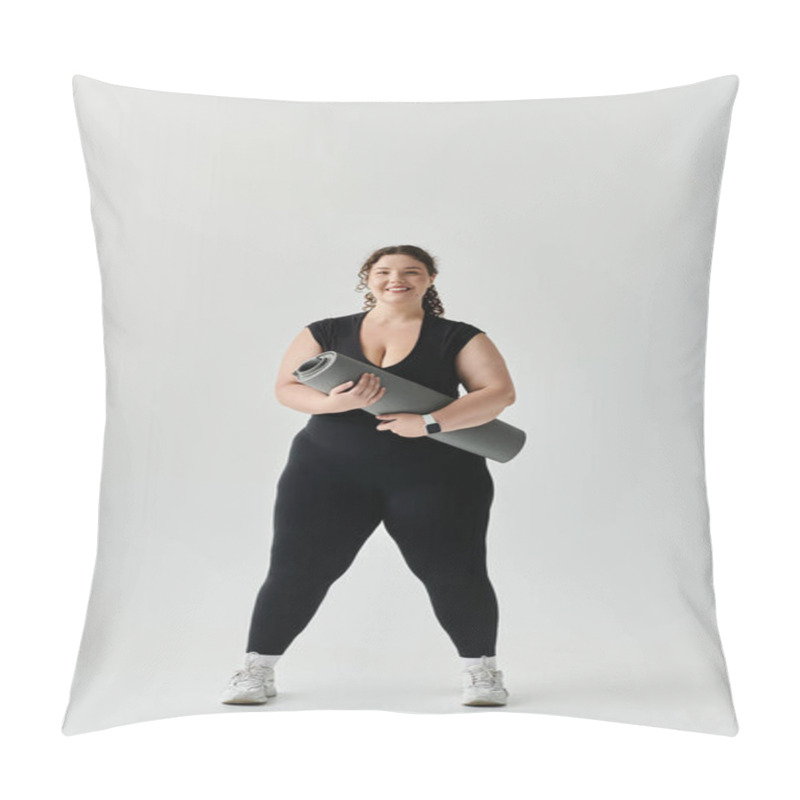 Personality  A Beautiful Plus Size Woman Stands Proudly Holding A Yoga Mat, Exuding Grace And Confidence. Pillow Covers