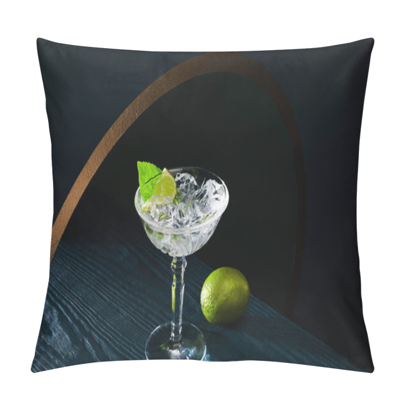 Personality  High Angle View Of Cocktail Glass With Ice, Mint Leaf And Whole Lime On Blue Wooden Surface On Geometric Background With Golden Circle Pillow Covers