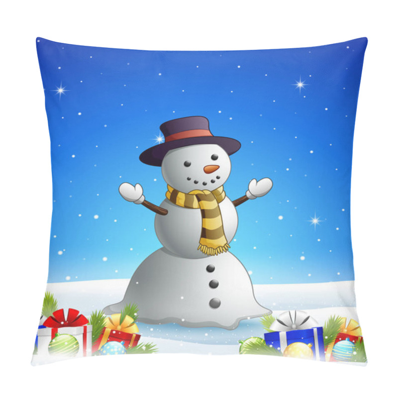 Personality  Vector Illustration Of Cartoon Snowman In The Winter Background With Gift Boxes And Balls Pillow Covers