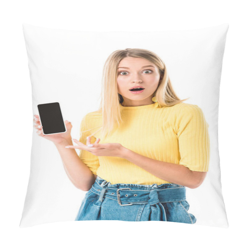 Personality  Shocked Young Woman Showing Smartphone With Blank Screen And Looking At Camera Isolated On White Pillow Covers