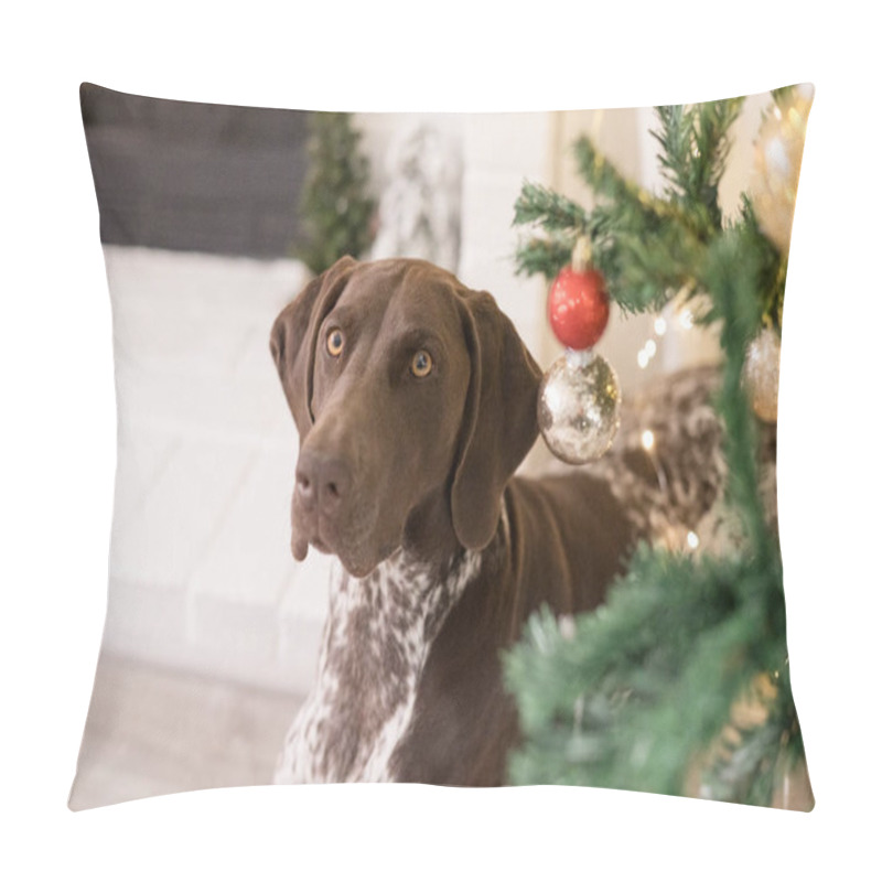 Personality  Close Up Of Dog And Christmas Tree Pillow Covers