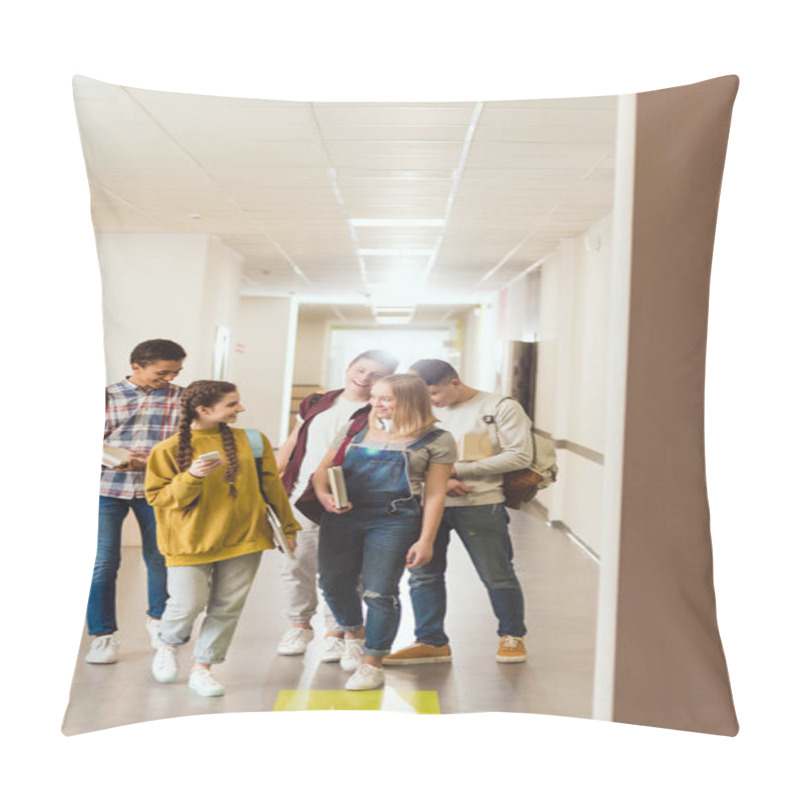 Personality  Group Of Multiethnic High School Classmates Walking By School Corridor Together Pillow Covers