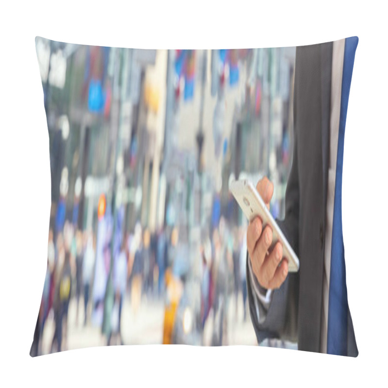 Personality  New York, Wall Street. Young Man In Suit Holding A Smartphone Pillow Covers