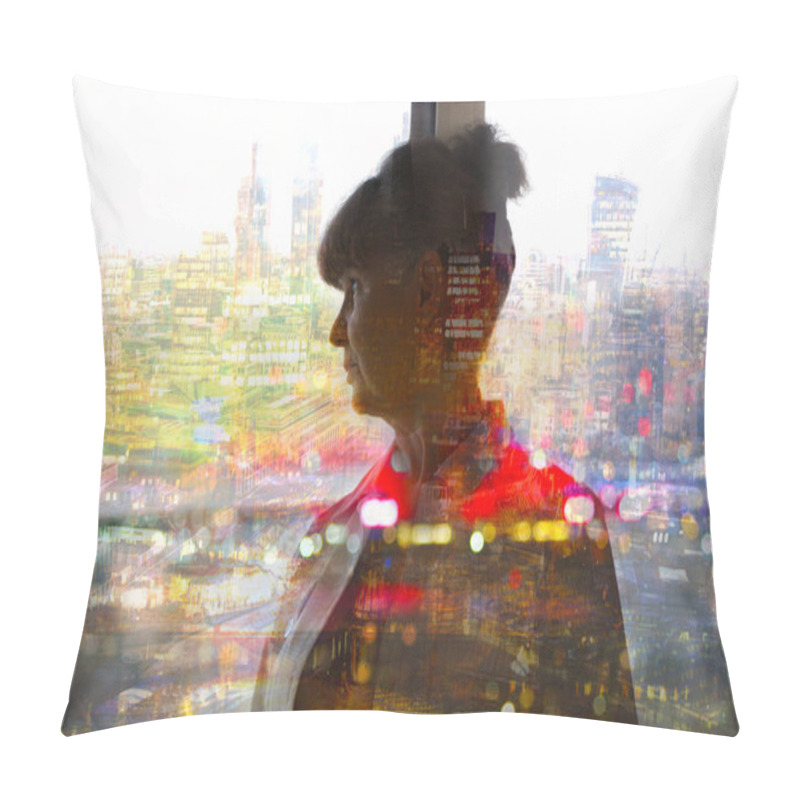 Personality  Pension Age Good Looking Woman In Front Of The Window Looking At The City. London, UK Pillow Covers