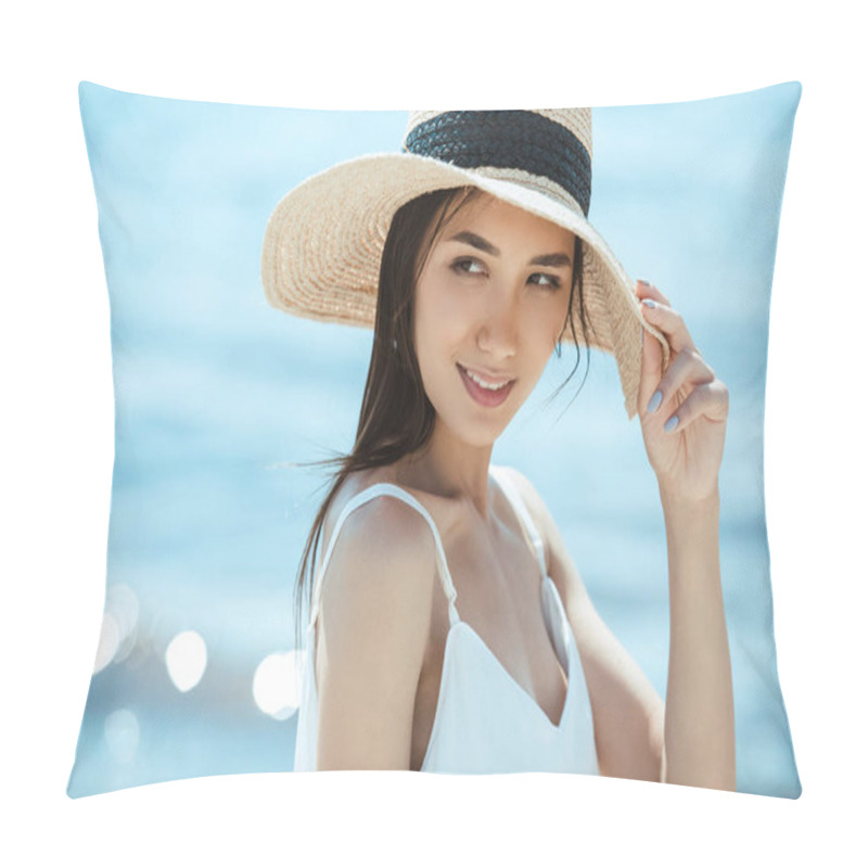 Personality  Selective Focus Of Attractive Asian Woman In Straw Hat Looking Away Pillow Covers