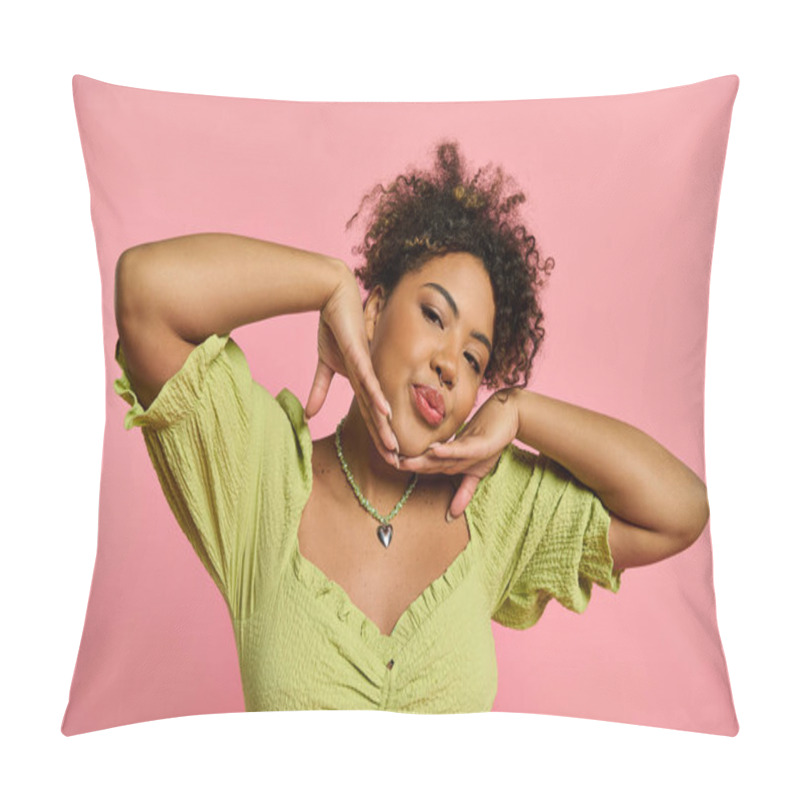 Personality  African American Woman In Stylish Attire Making A Funny Face With Her Hands. Pillow Covers