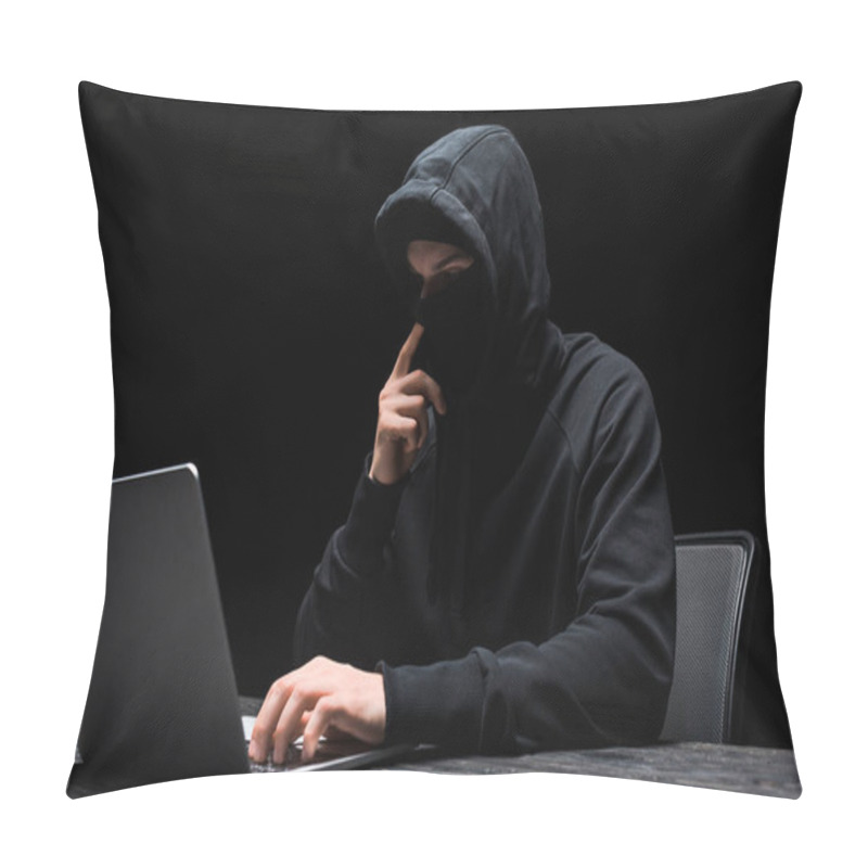 Personality  Young Hacker Touching Mask And Using Laptop Isolated On Black  Pillow Covers