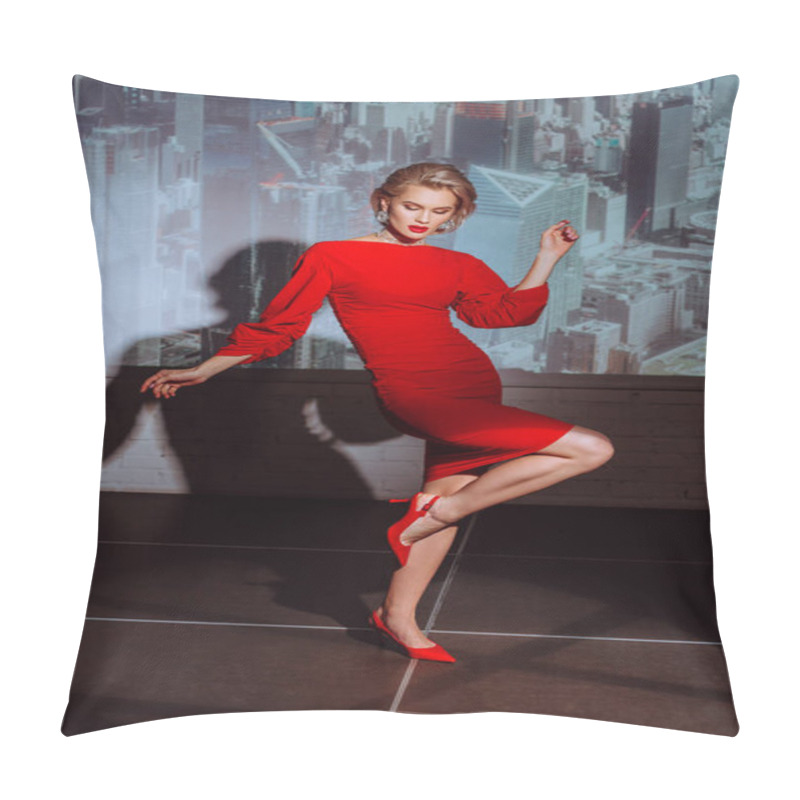 Personality  Attractive And Stylish Woman In Red Dress On City Background  Pillow Covers