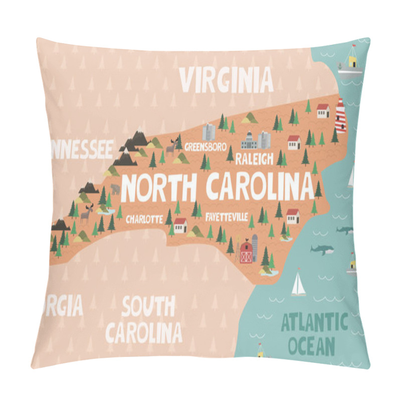 Personality  Illustrated Map Of The State Of North Carolina In United States With Cities And Landmarks. Editable Vector Illustration Pillow Covers