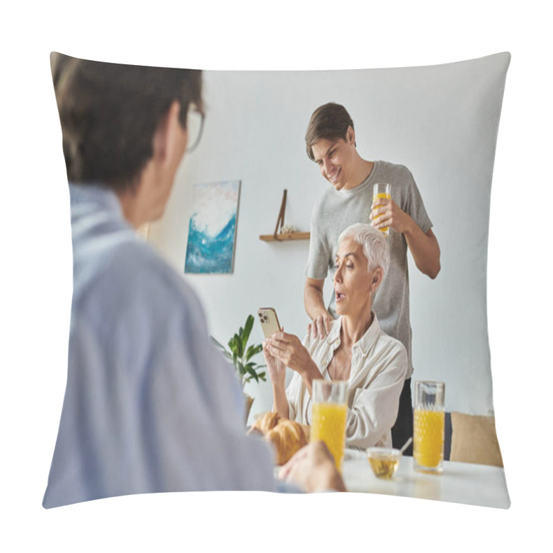 Personality  A Loving LGBTQ Family Enjoys Breakfast Together, Sharing Laughter And Technology In Their Sunlit Kitchen. Pillow Covers