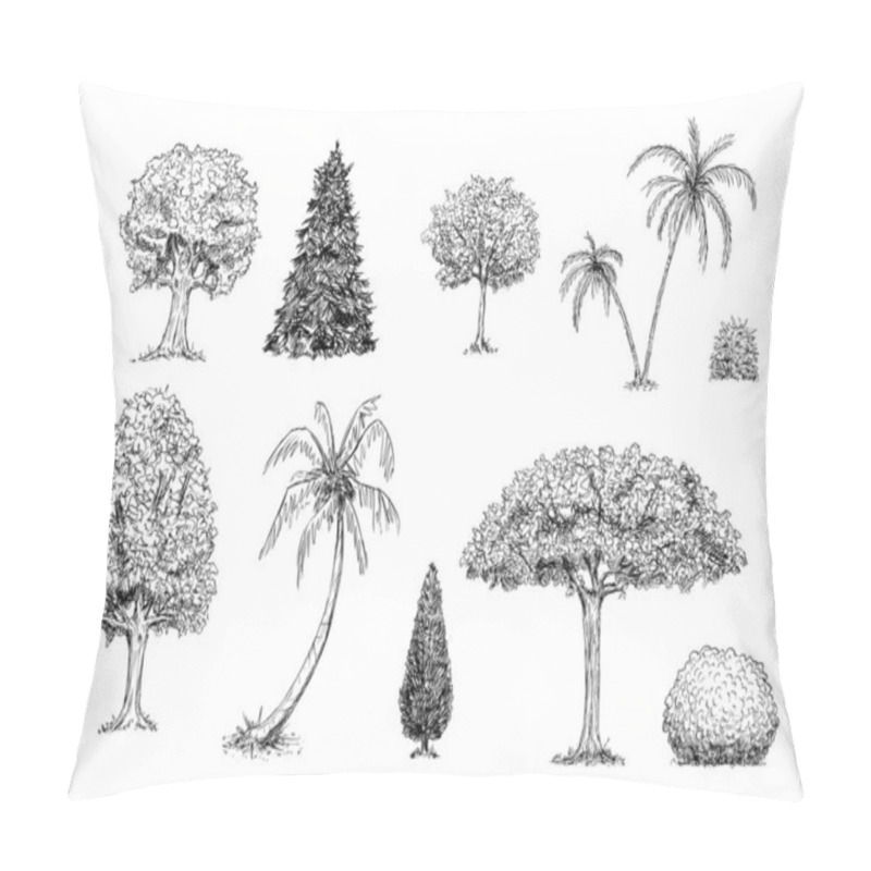 Personality  Set Of Trees, Palm Trees And Bushes. Vector Hand Drawn Black And White Illustration Pillow Covers