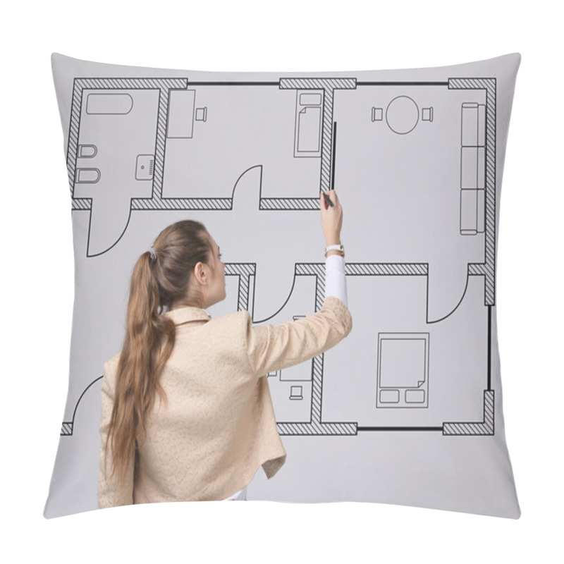 Personality  Female Architect Working With A Virtual Apartment Plan Pillow Covers