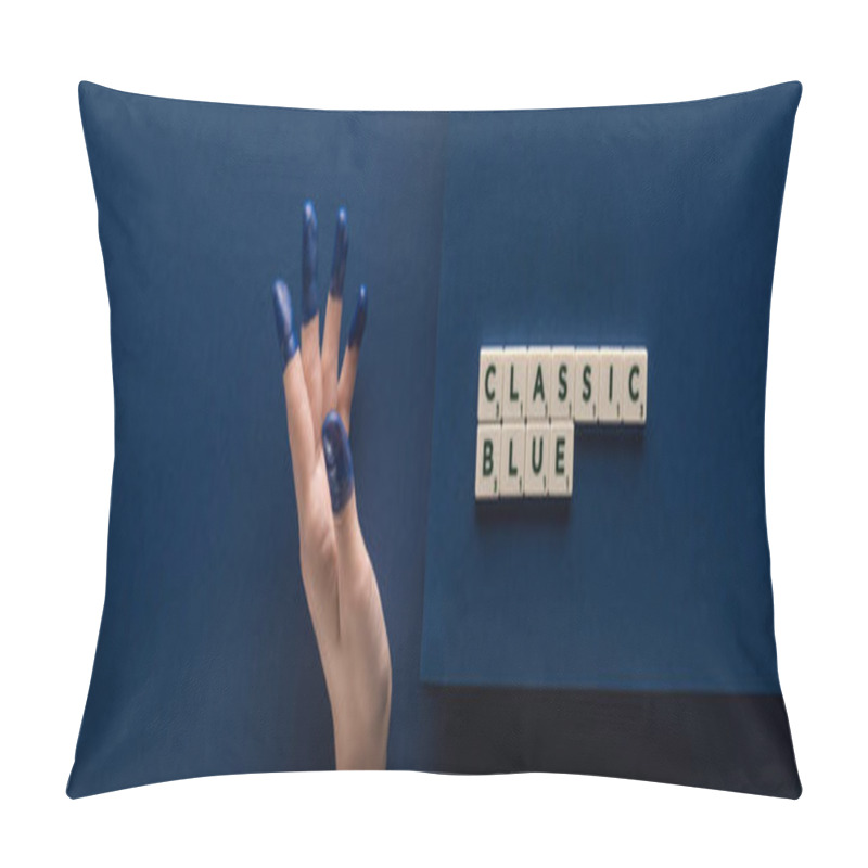 Personality  Cropped View Of Woman With Painted Fingers Near Classic Blue Lettering On Cubes On Blue Background, Panoramic Shot Pillow Covers