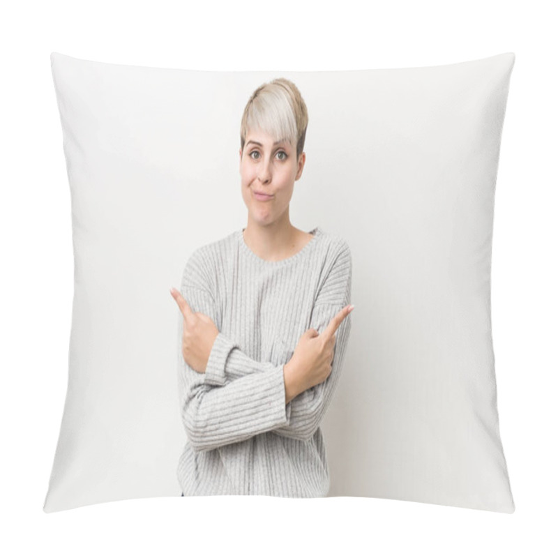 Personality  Young Curvy Caucasian Woman Isolated On White Background Points Sideways, Is Trying To Choose Between Two Options. Pillow Covers