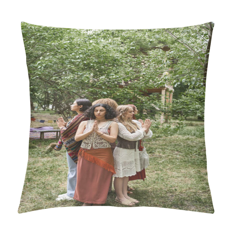 Personality  Interracial Women Doing Praying Hands Gesture While Standing On Lawn In Retreat Center Pillow Covers