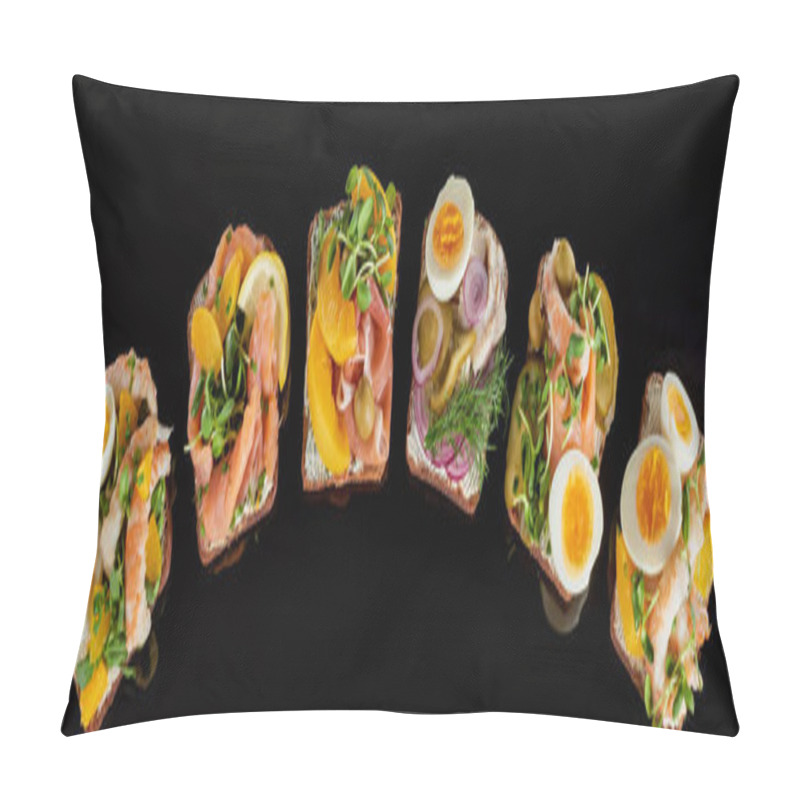 Personality  Panoramic Shot Of Rye Bread With Prepared Danish Smorrebrod Sandwiches Isolated On Black  Pillow Covers