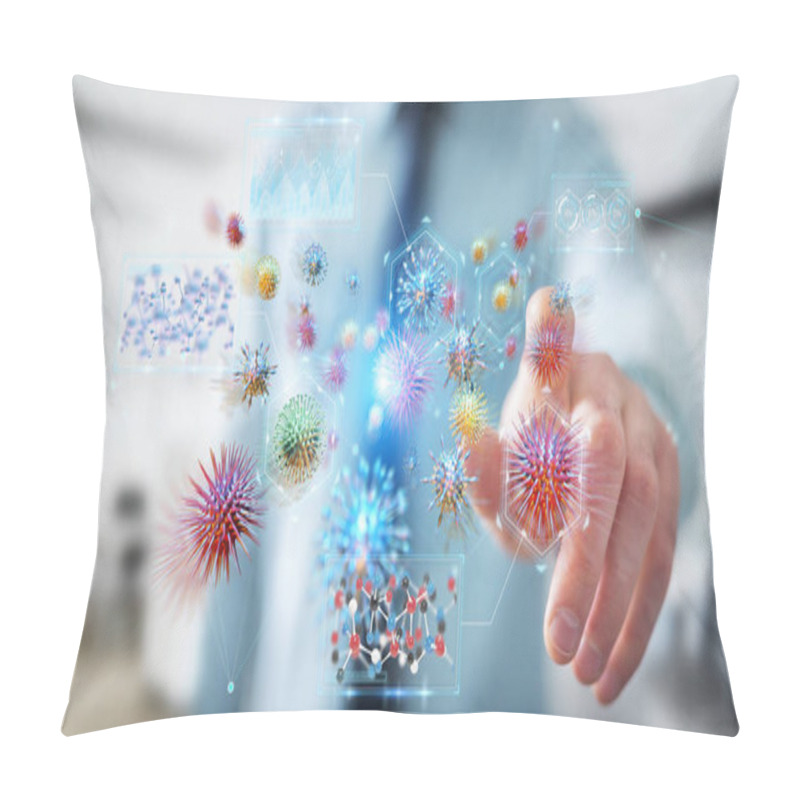 Personality  Businessman On Blurred Background Analyzing Bacteria Microscopic Close-up 3D Rendering Pillow Covers