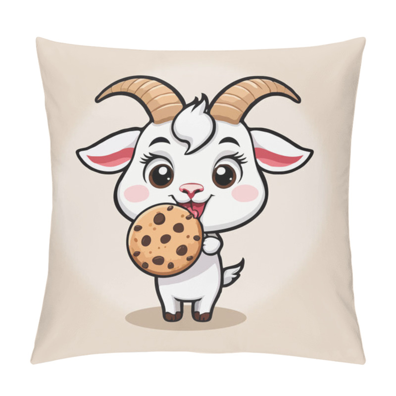 Personality  A Cute Goat Character With Large Eyes And Horns, Happily Holding A Chocolate Chip Cookie Against A Blue Background. Pillow Covers