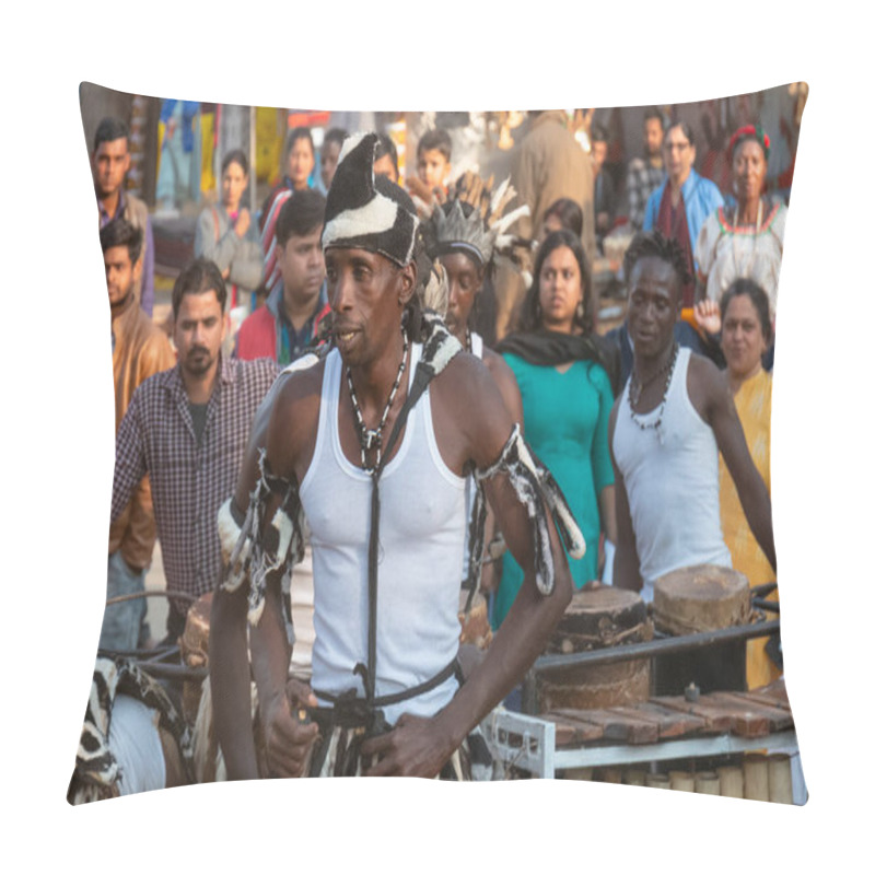 Personality  FARIDABAD, HARYANA / INDIA - FEBRUARY 2020 : Group Of African Artists Performing Folk Dance Of African Tribes With Band Group At Surajkund Craft Fair Pillow Covers