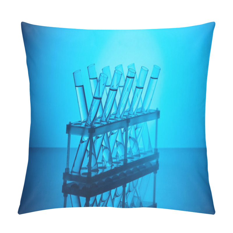 Personality  Glass Tubes With Liquid On Stand In Chemical Laboratory On Blue Pillow Covers