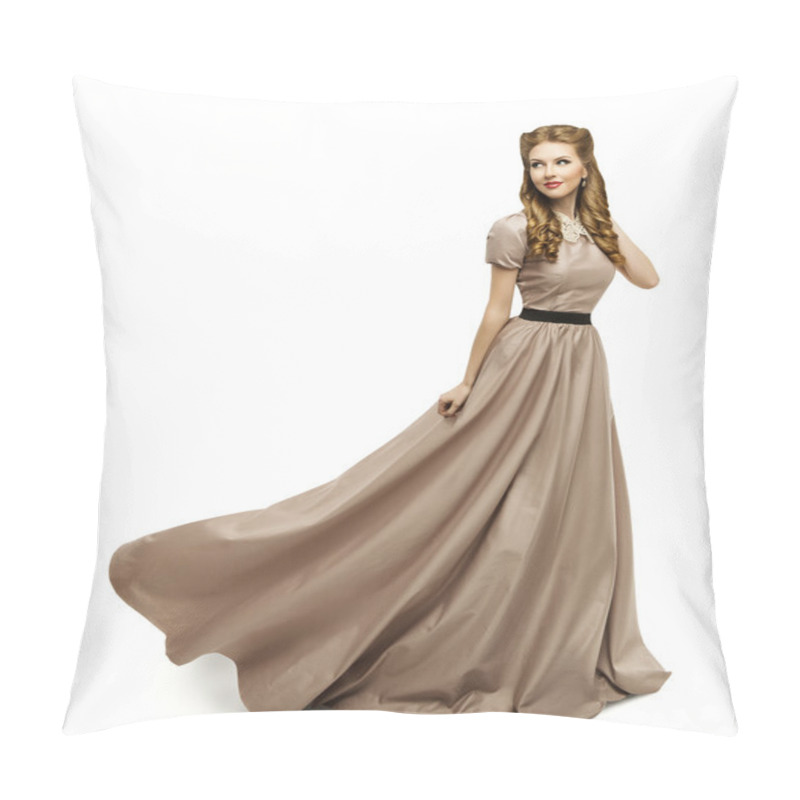 Personality  Woman Brown Dress, Fashion Model In Long Gown Turning, White Pillow Covers