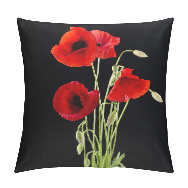 Personality  Red Poppy Flower Isolated On Black Pillow Covers