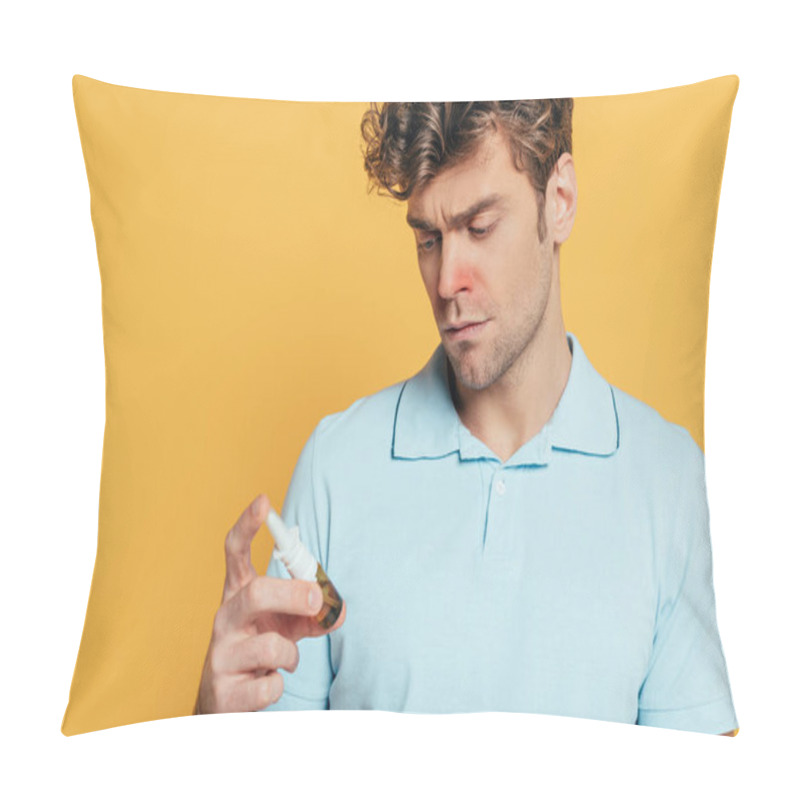 Personality  Sick Man Looking At Bottle Of Nasal Drops Isolated On Yellow Pillow Covers