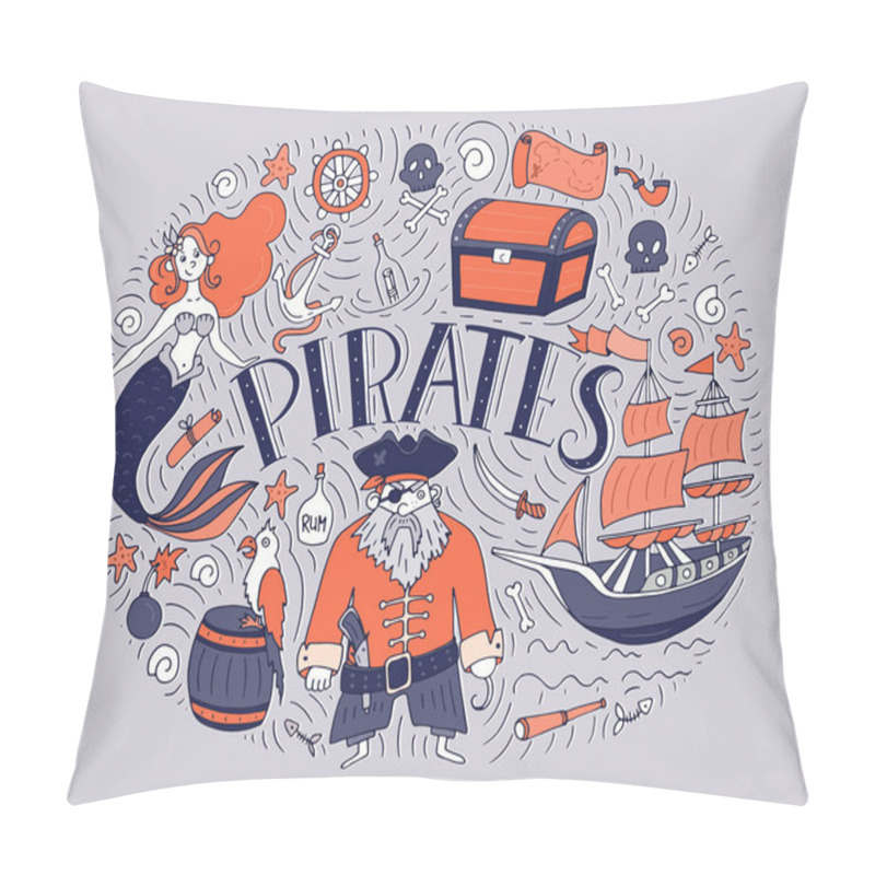 Personality  Symbols Of Pirates - Hat, Sword, Guns, Treasure Chest, Ship, Flag, Captain, Skull And Crossbones, Compass, Mermaid, Map, Parrot. Pillow Covers