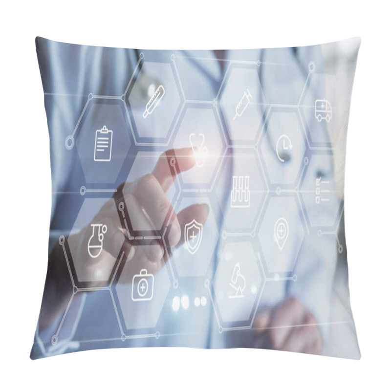 Personality  Doctor Clicks On Medical Icon Structure On Virtual Computer Screen. Pillow Covers