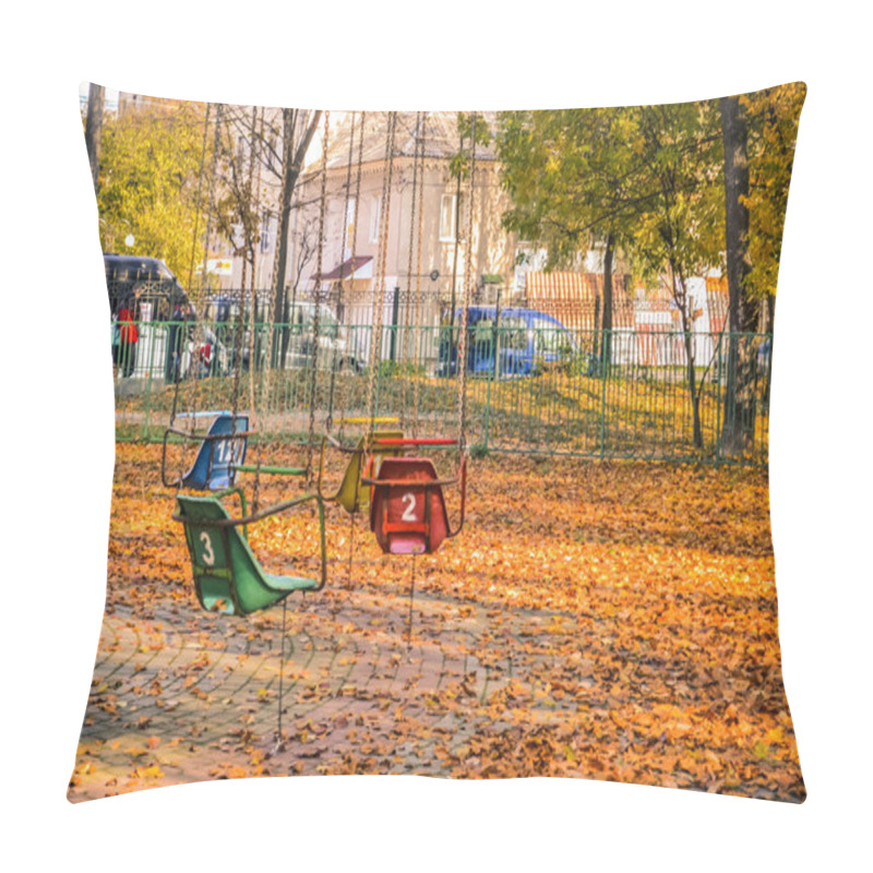 Personality  Old Soviet Rides In The Autumn Park. Carousels With Umbrellas And Carousels On Chains Are Brightly Decorated In Different Colors. Ukraine. Pillow Covers