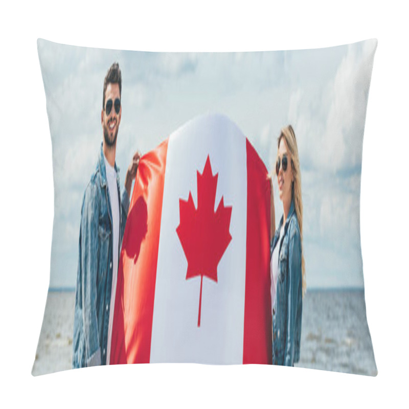 Personality  Panoramic Shot Of Attractive Woman And Handsome Man Smiling And Holding Canadian Flag  Pillow Covers