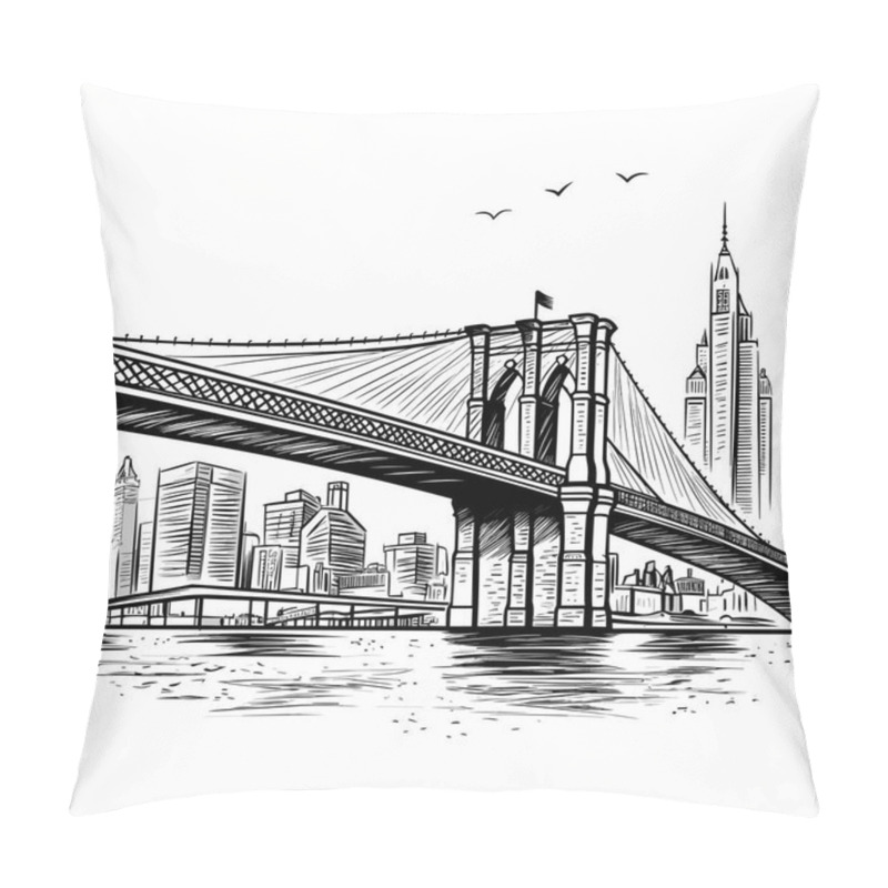 Personality  Brooklyn Bridge Hand-drawn Comic Illustration. Brooklyn Bridge. Vector Doodle Style Cartoon Illustration Pillow Covers