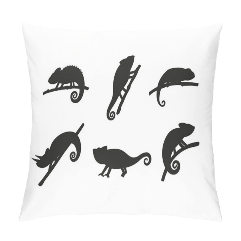 Personality  Set Of Black Silhouettes Chameleons Lizard Reptiles Sitting On Branches. Pillow Covers