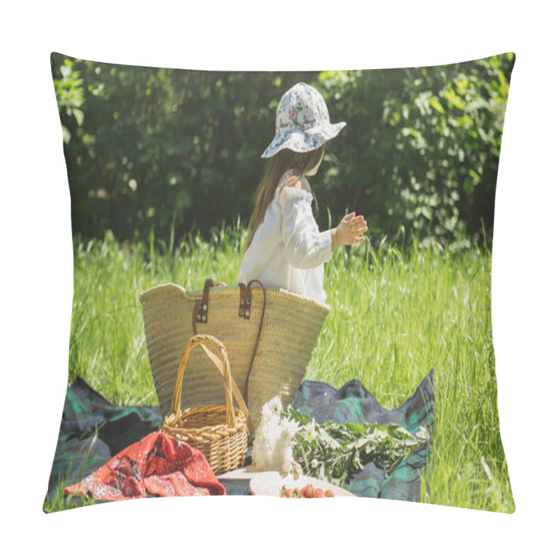 Personality  Little Girl On A Summer Picnic In Nature With Berries And Fruits Pillow Covers