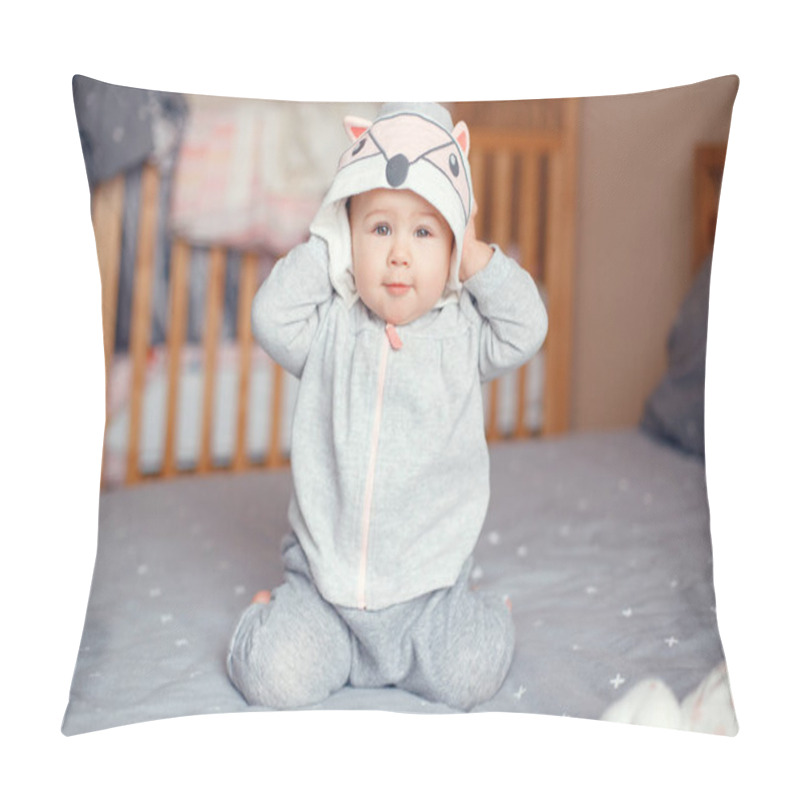 Personality  Portrait Of Cute Adorable Caucasian Blonde Smiling Baby Girl With Blue Eyes In Grey Pajama With Fox Cat Animal Hood Sitting On Bed In Bedroom. Happy Childhood Lifestyle Concept.  Pillow Covers