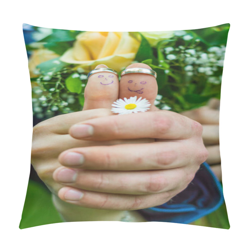 Personality  Just Married Young Couple With Bouquet Of Flowers Pillow Covers