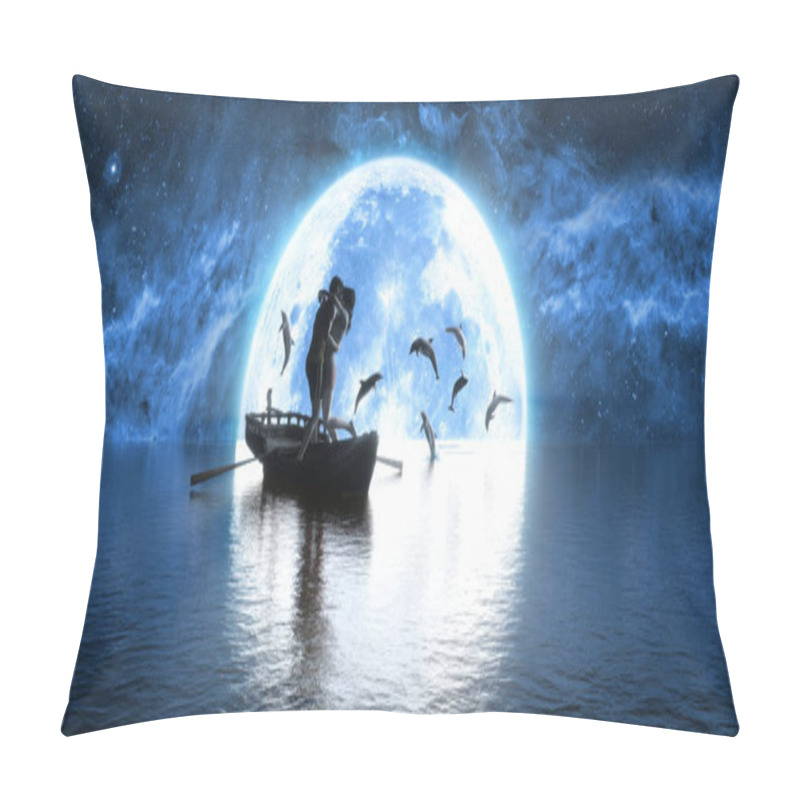 Personality  Man And Woman Kissing On The Background Of The Moon And Playing Dolphins, 3d Illustration Pillow Covers