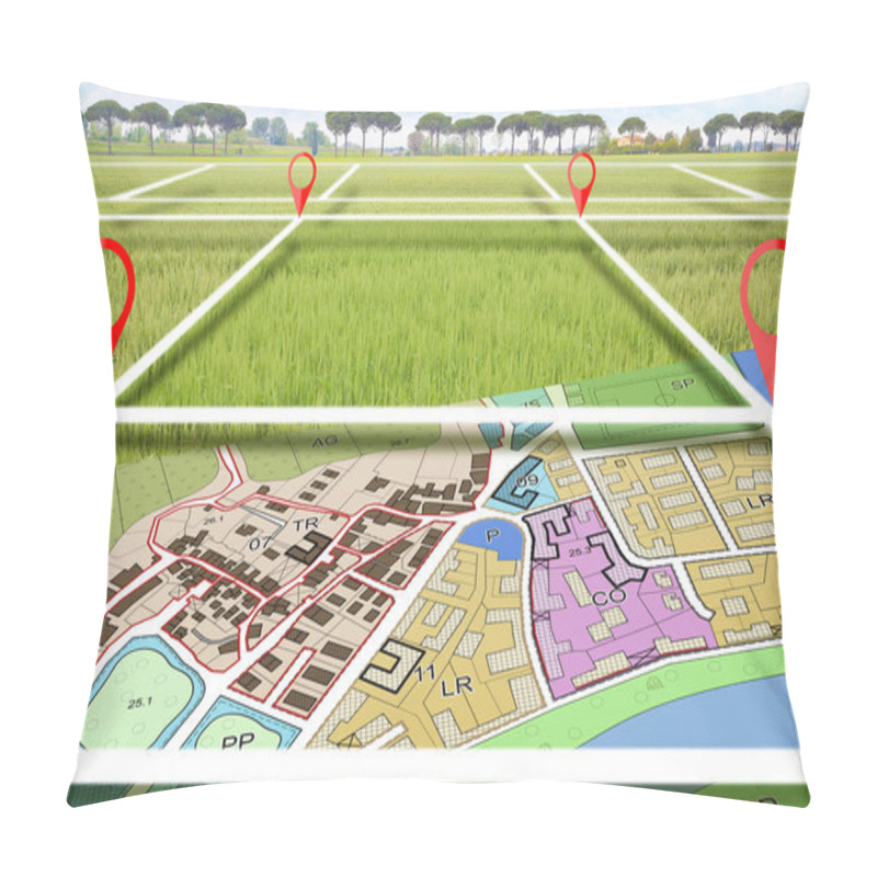 Personality  Land Plot Management - Real Estate Concept With A Vacant Land Available For Building Construction And Housing Subdivision And Imaginary General Urban Plan With Zoning Regulations And Land Use Pillow Covers