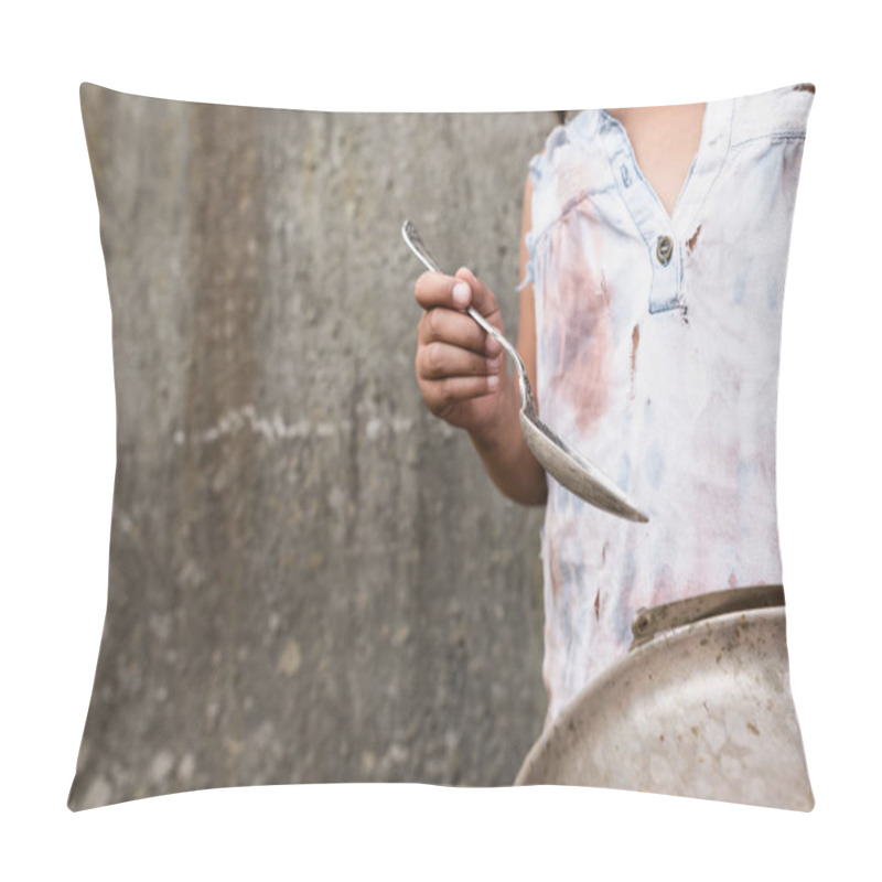 Personality  Cropped View Of African American Child Holding Metal Plate And Dirty Spoon On Urban Street  Pillow Covers