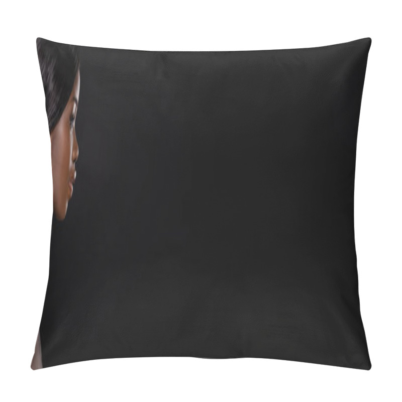 Personality  Side View Of African American Naked Woman Isolated On Black, Panoramic Shot Pillow Covers