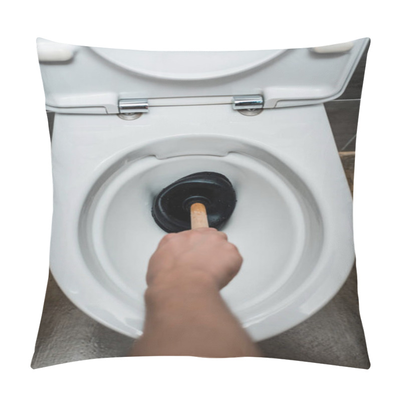 Personality  Cropped View Of Plumber Using Plunger In Toilet Bowl In Modern Restroom With Grey Tile Pillow Covers