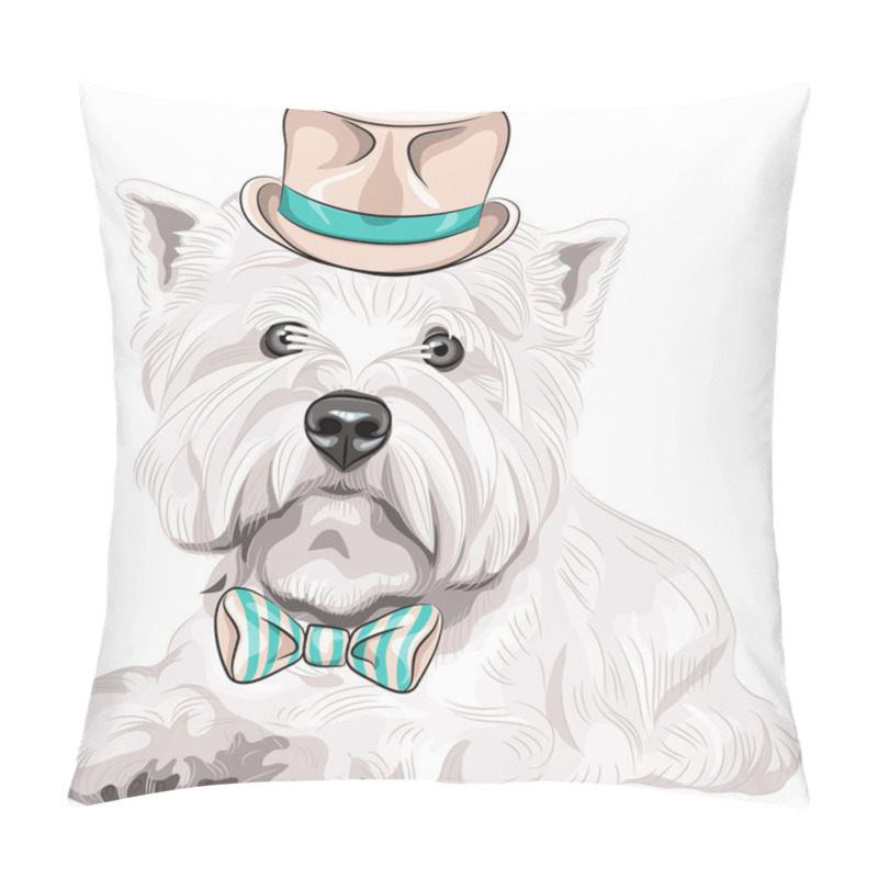 Personality  Vector Dog West Highland White Terrier Breed In Hat And Bow Tie Pillow Covers