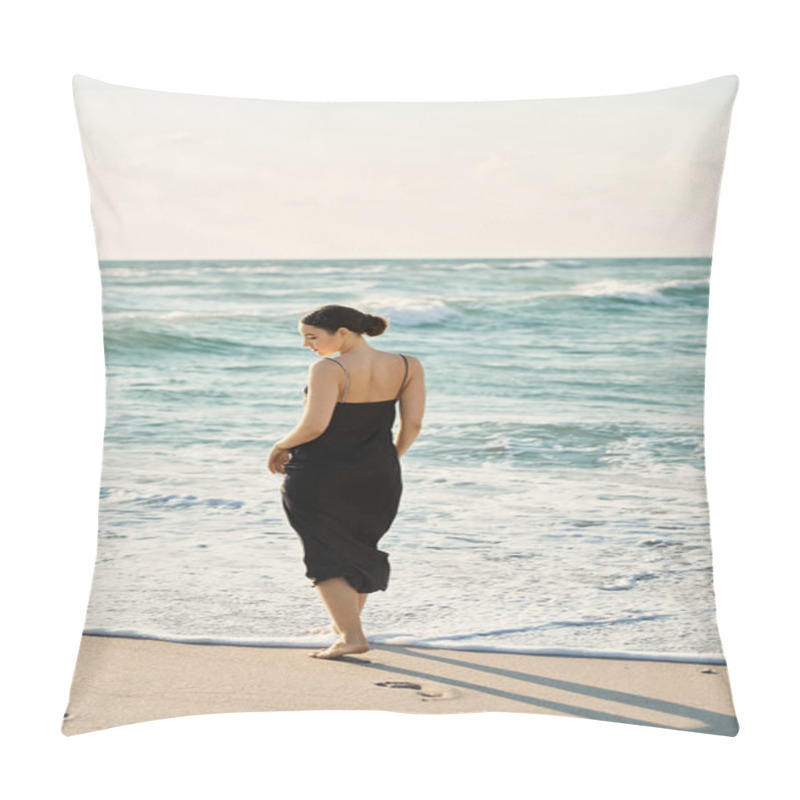 Personality  In Miami Beach, A Woman In A Black Sundress Strolls By The Shore, Feeling Ocean Waves On Her Feet. Pillow Covers